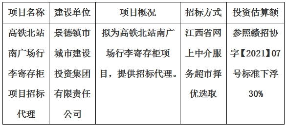 高鐵北站南廣場行李寄存柜項目招標代理計劃公告