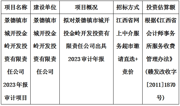 景德鎮(zhèn)市城開投金嶺開發(fā)投資有限責(zé)任公司2023年報(bào)審計(jì)項(xiàng)目計(jì)劃公告